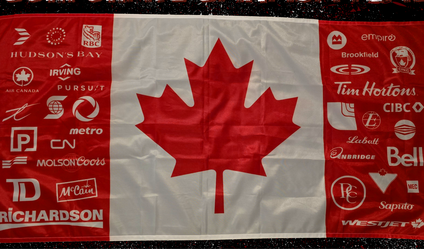 Corporate Canada Flag featuring logos from companies who are oligopolies in the country and are problematic. The logos reside on the red pillars on either side of the Maple Leaf.